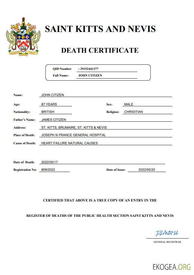 Modèle Word et PDF de certificat de décès de l'état civil de Saint Kitts et Nevis